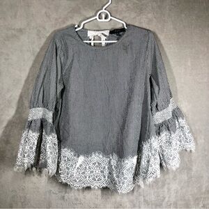 Joh Striped Bell Sleeve Lace Top Size XL Grey White Feminine Coastal Nautical